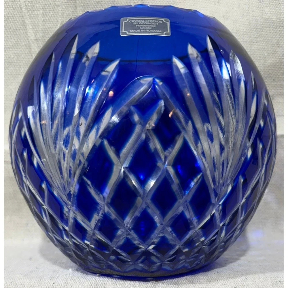 Godinger Crystal Legends Cobalt Blue Cut Crystal Rose Bowl Vase Made in Romania